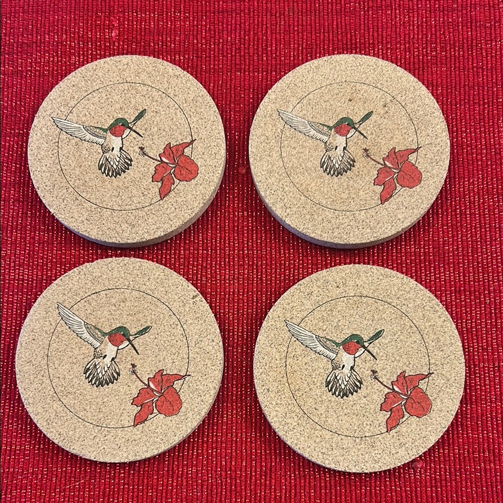 4 THIRSTYSTONE Vintage Natural Sandstone Hummingbird Coasters w/ Cork Bottoms